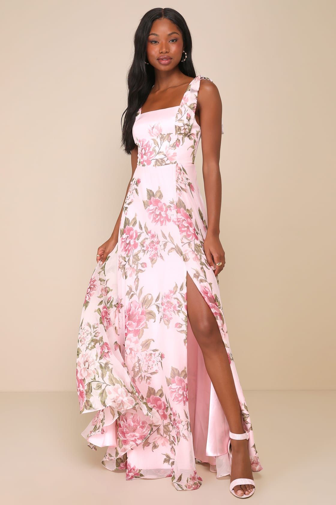 Love Me Forever Pink Floral Tie-Strap Square Neck Maxi Dress | Lulus