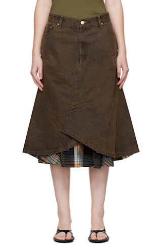 Brown Custom Flare Layered Denim Midi Skirt | SSENSE
