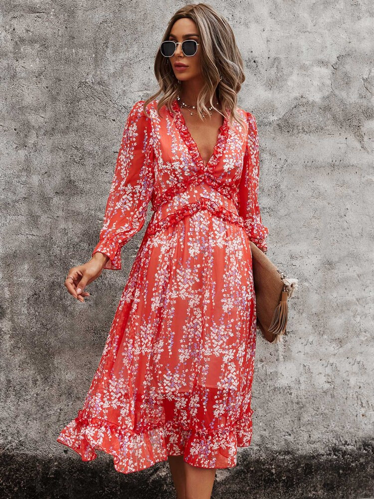 Ditsy Floral Deep V-neck Ruffle Hem Dress | SHEIN