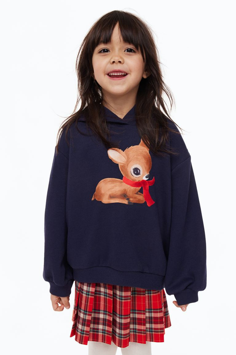 Printed Hoodie - Dark blue/deer - Kids | H&M US | H&M (US + CA)