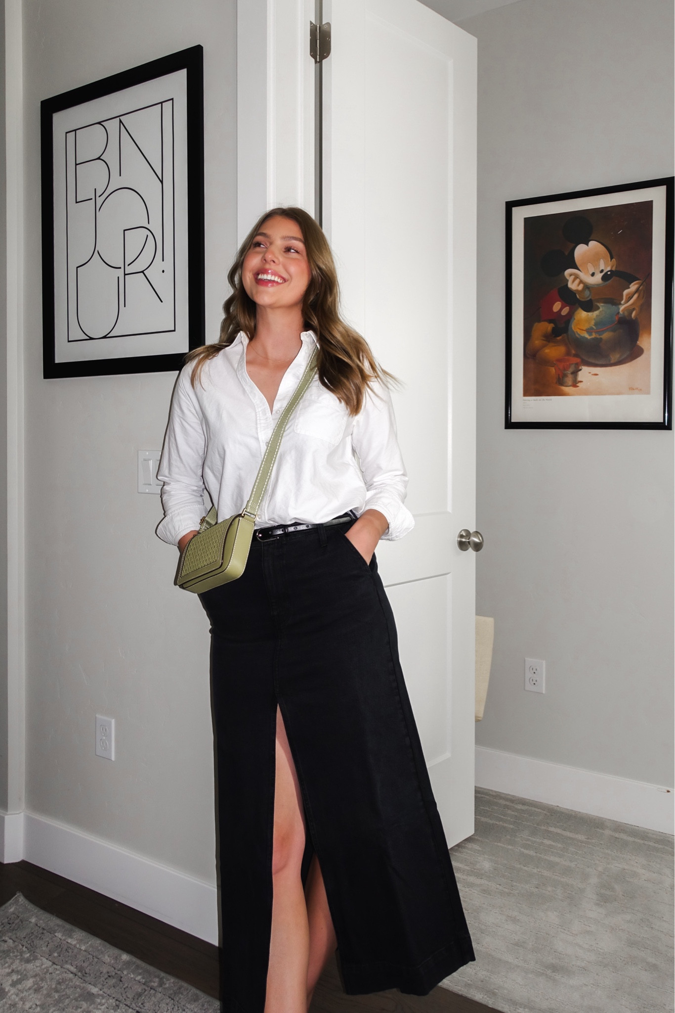 Black maxi denim skirt - size 28/6, white oxford shirt - size 6, spring outfit idea 

#LTKfindsunder100 #LTKsalealert