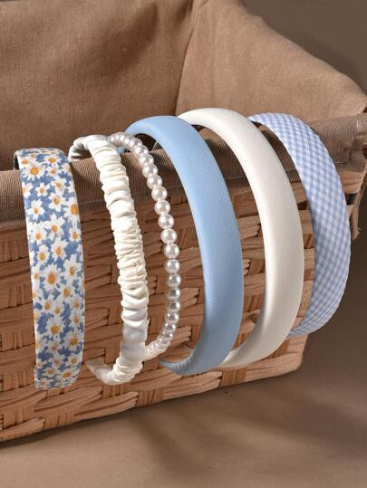6pcs Women Faux Pearl Decor Ditsy Floral Pattern Sweet Blue Style Headband, For Daily Life | SHEIN