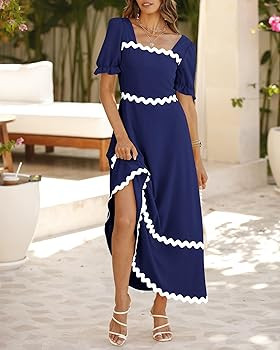 BTFBM Women's 2024 Summer Square Neck Short Puff Sleeve Dress Casual Ric Rac Tie Back Smocked A L... | Amazon (US)