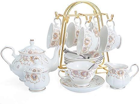 22-Piece Porcelain Ceramic Coffee Tea Gift Sets, Cups& Saucer Service for 6, Teapot, Sugar Bowl, ... | Amazon (US)