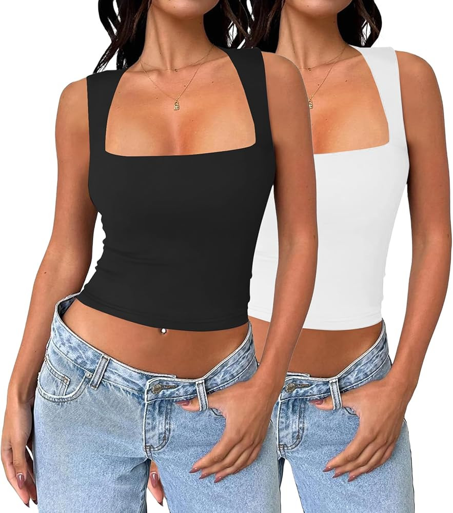 MISSJOY Women's 2 Pack Tank Top Square Neck Sleeveless Double Lined Seamless Stretchy Slim Fit Cr... | Amazon (US)