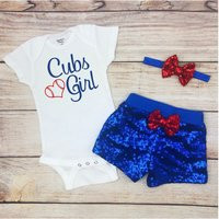 Cubs Girl Baseball Game Day Outfit, Sparkly Baby Clothes, Bodysuit, Royal Blue & Red Outfit | Etsy (US)