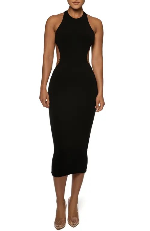 JLUXLABEL Empress Open Back Body-Con Midi Dress in Noir at Nordstrom, Size X-Large | Nordstrom