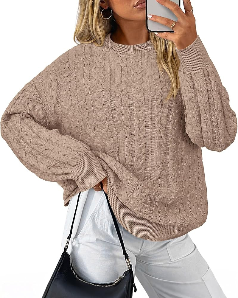 KIRUNDO Oversized Cable Knit Sweater Women 2025 Early Fall Fashion Chunky Cozy Long Sleeve Crewne... | Amazon (US)