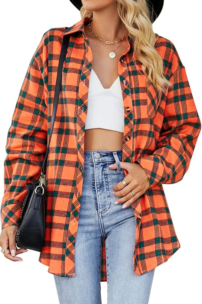 CHYRII Womens Button Down Flannel Shirts Long Sleeve Plaid Shackets Business Casual Blouse Top | Amazon (US)