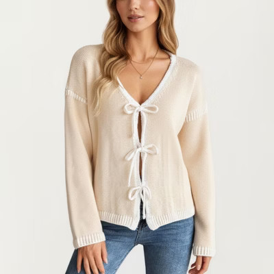 Anna-Kaci Women's Knit Cardigan with Front Tie Closures and Contrast Trim - Medium, Beige | Target