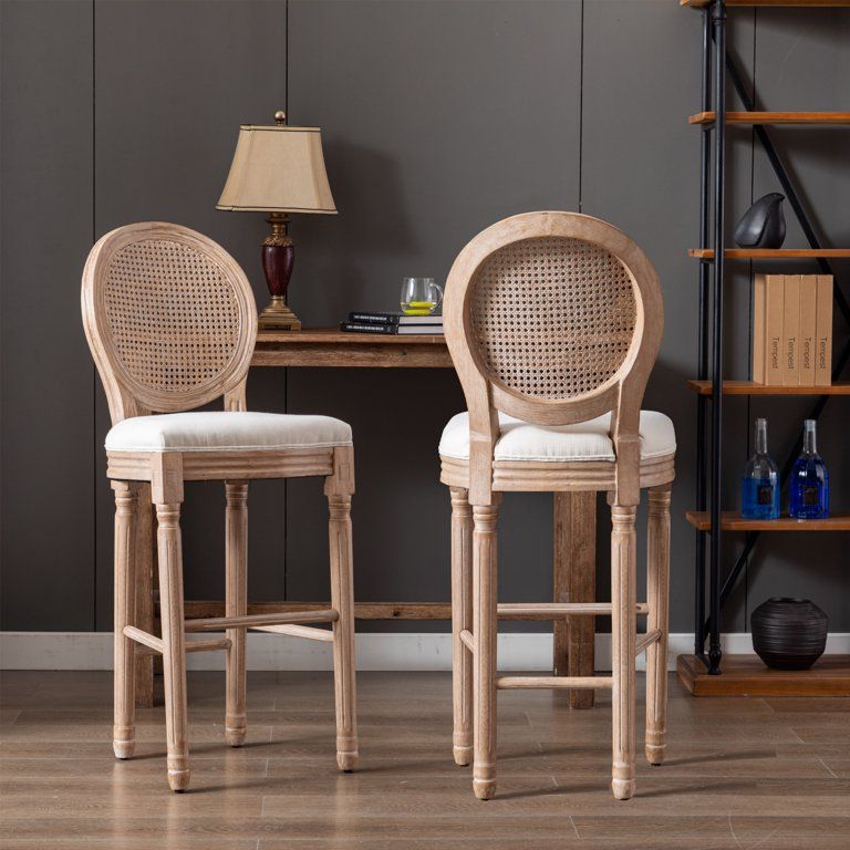 Hengming French Country Wooden Barstools Rattan Back With Upholstered Seating , Beige and Natural... | Walmart (US)