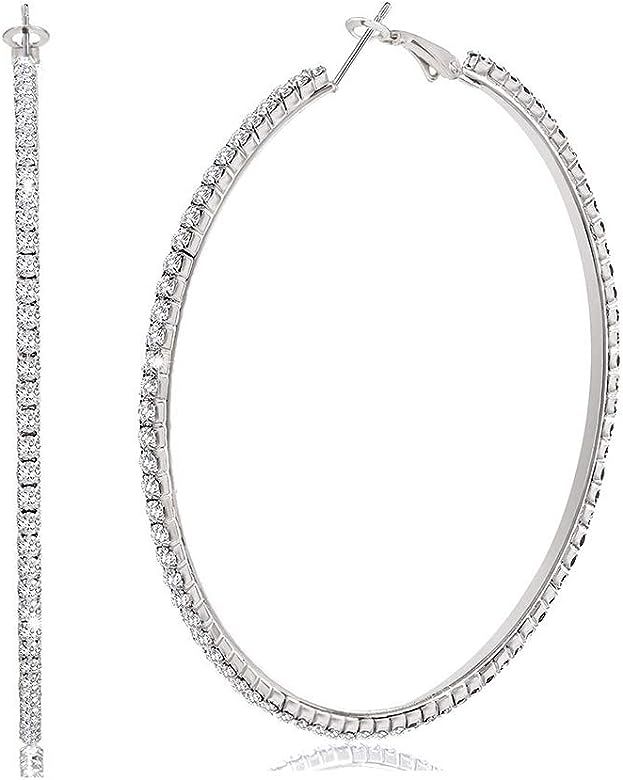 Amazon.com: EFTOM Large Rhinestone Hoop Earrings Silver Big Hoop Earrings for Women Girls 100mm: ... | Amazon (US)