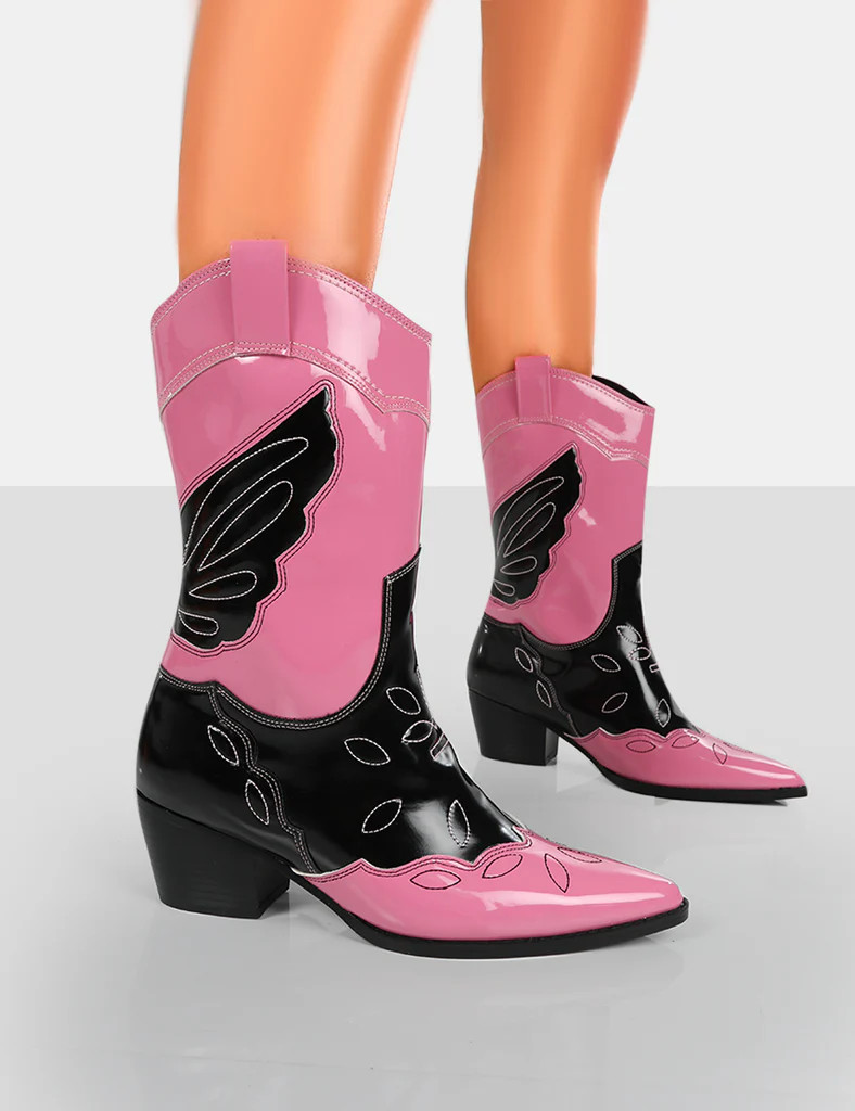 Howdy Pink Patent Pointed Toe Western Cowboy Ankle Boots | Public Desire