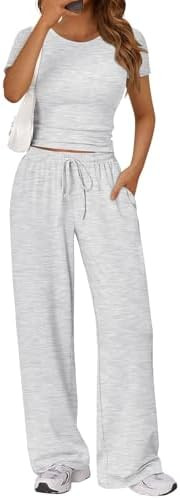 Trendy Queen 2 Piece Matching Summer Sweatsuit Lounge Set Womens Wide Leg Pants Side Ruching Crop... | Amazon (US)
