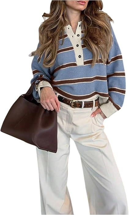 MakeMeChic Women's Striped Rugby Shirt Button Down Long Sleeve Sweater | Amazon (US)
