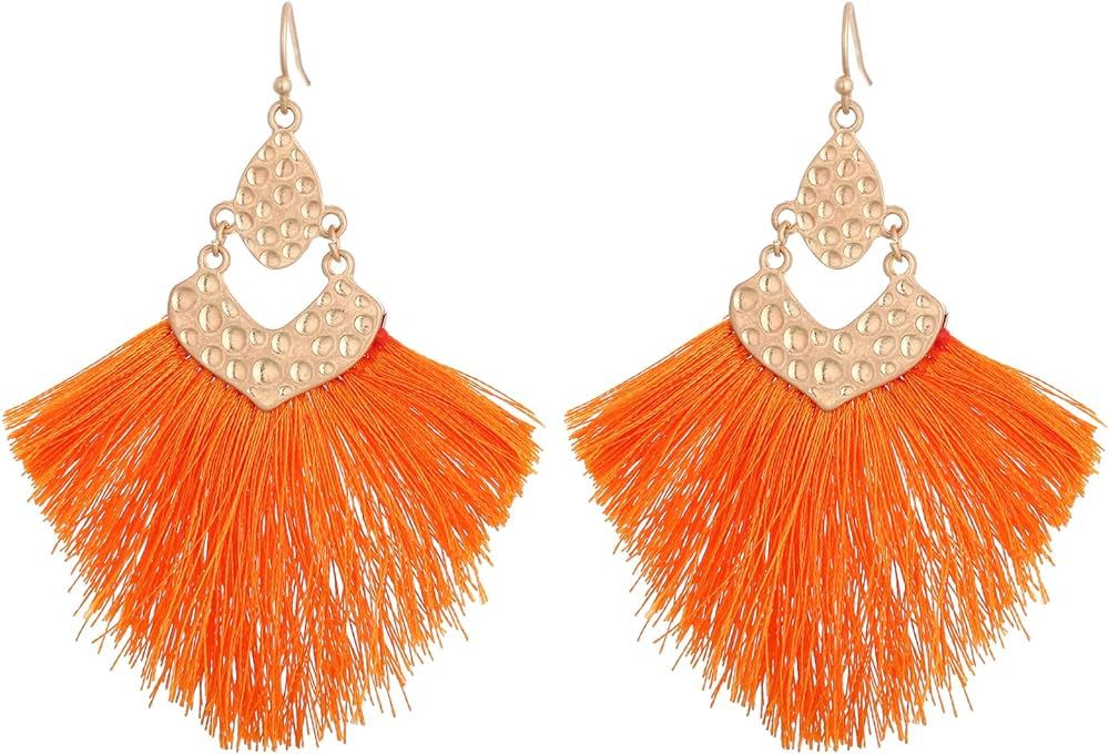 RUOFFETA Bohemian Tassel Statement Earrings, Colorful Silky Thread Fan Fringe Tassel Earrings Str... | Amazon (US)