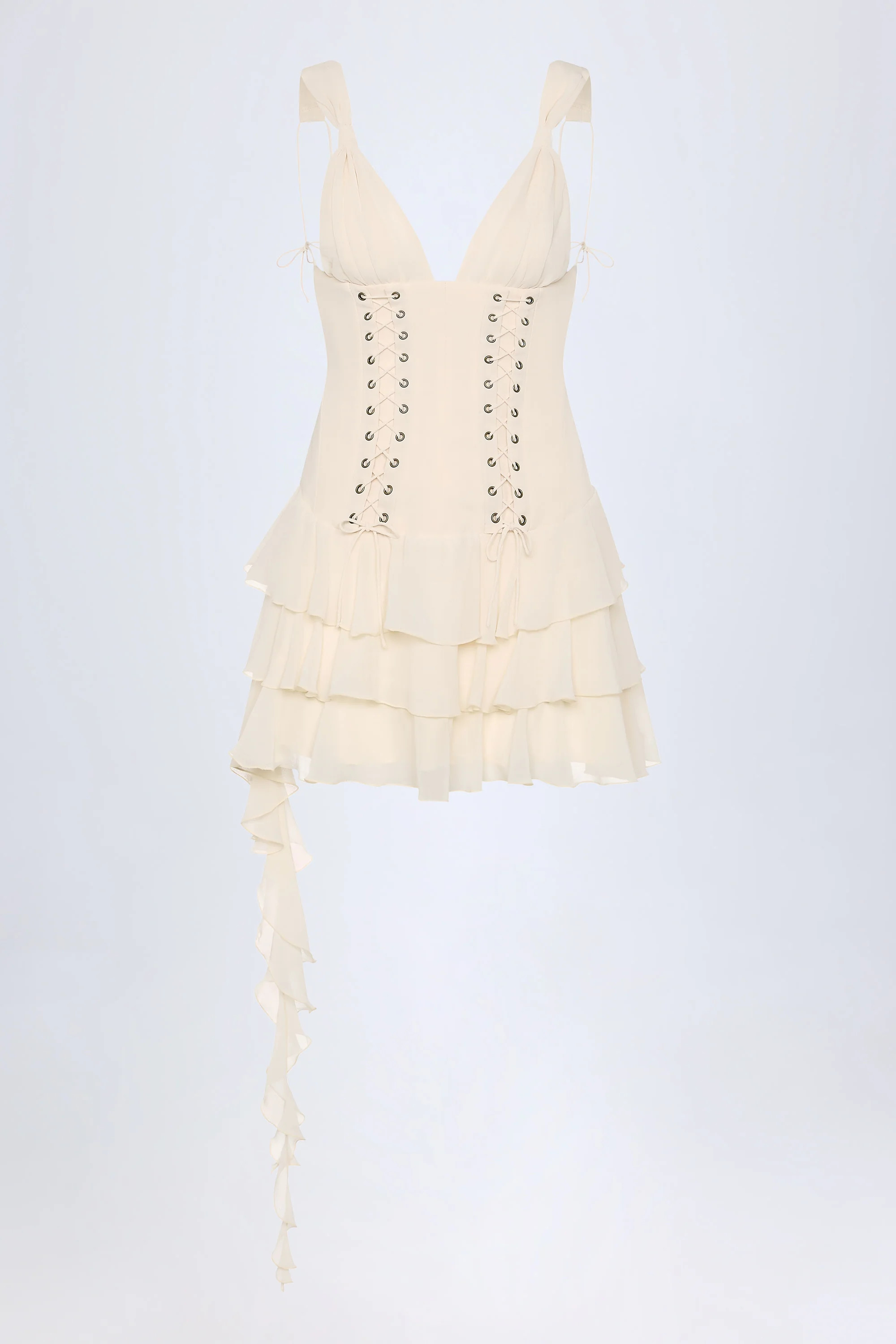 Lace-Up Ruffled Tiered Mini Dress in Ivory | Oh Polly