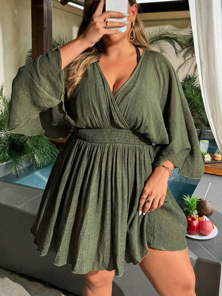 SHEIN Swim Curve Plus Size V-Neck Batwing Sleeve Pleated Waist Chiffon Cover Up - Elegant And Gra... | SHEIN