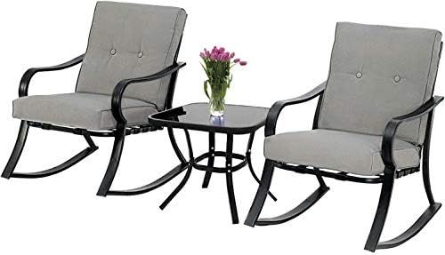 Cemeon Outdoor 3-Piece Rocking Chairs Patio Bistro Sets, Glass-Top Coffee Table and Black Steel C... | Amazon (US)