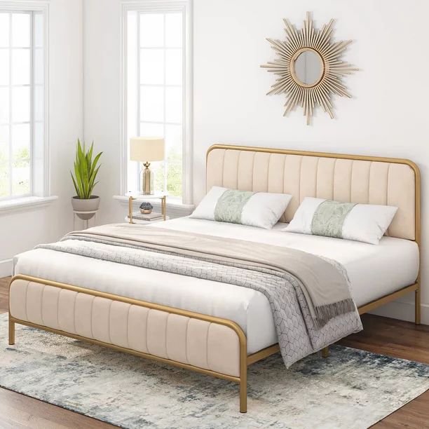 Homfa Queen Size Bed Frame, Metal Tubular Platform Bed Frame with Upholstered Headboard, Beige Wh... | Walmart (US)