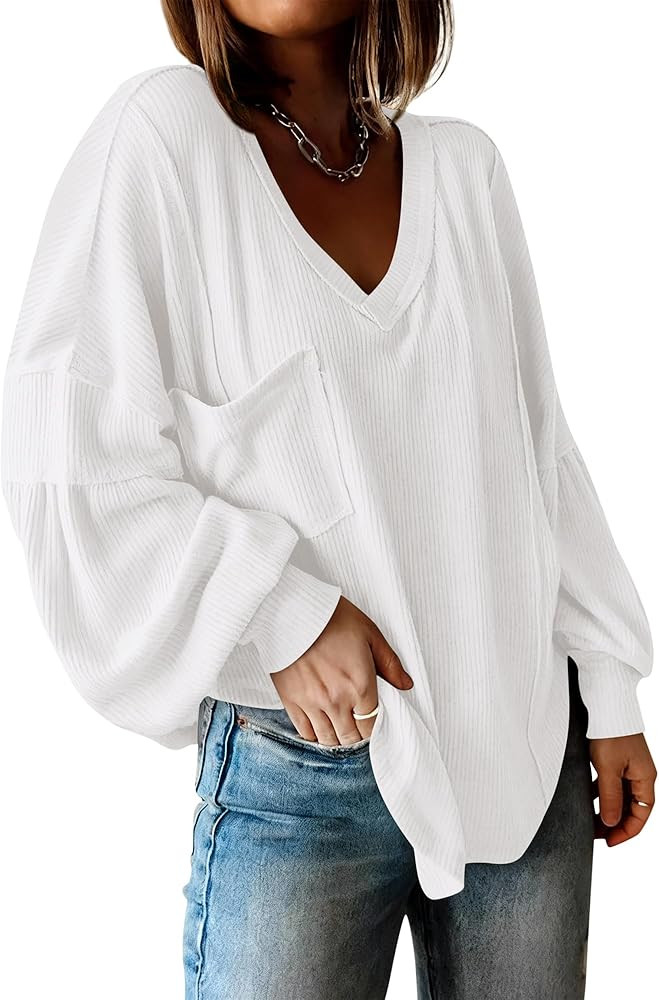 BTFBM Womens Fall Fashion 2025 Long Sleeve Shirts Casual V Neck Ribbed Knit Blouses Pullover Tren... | Amazon (US)