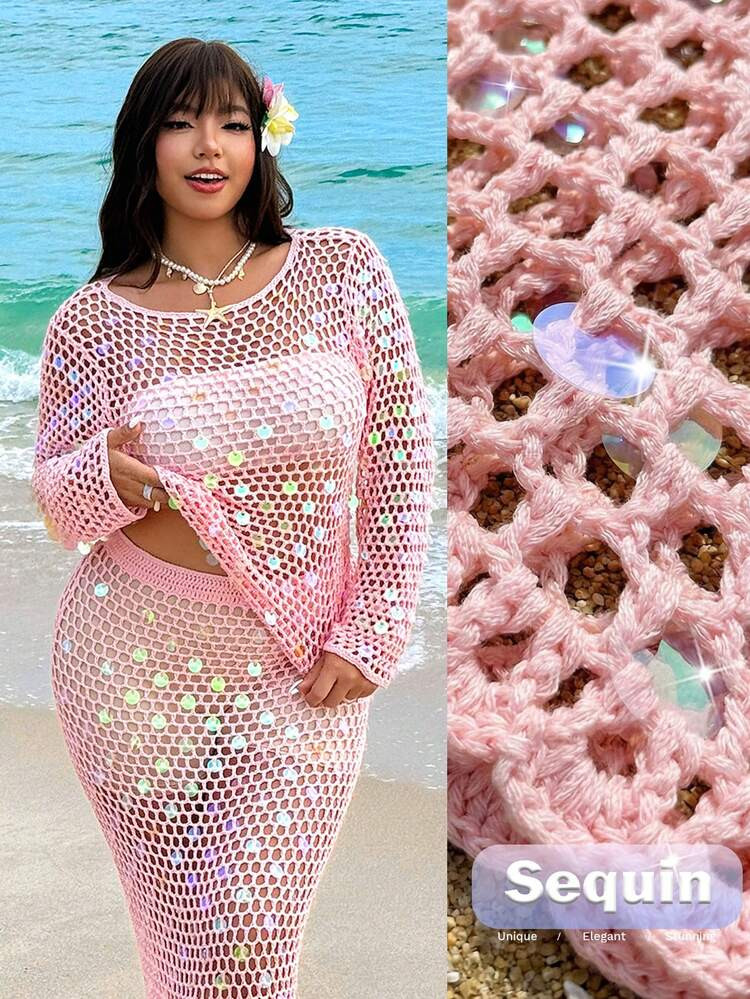 GalTyme Plus Size Women Hollow Out Beaded Shoulder Long Sleeve Beach Vacation Sweater, Sexy Fashionable Elegant Top | SHEIN