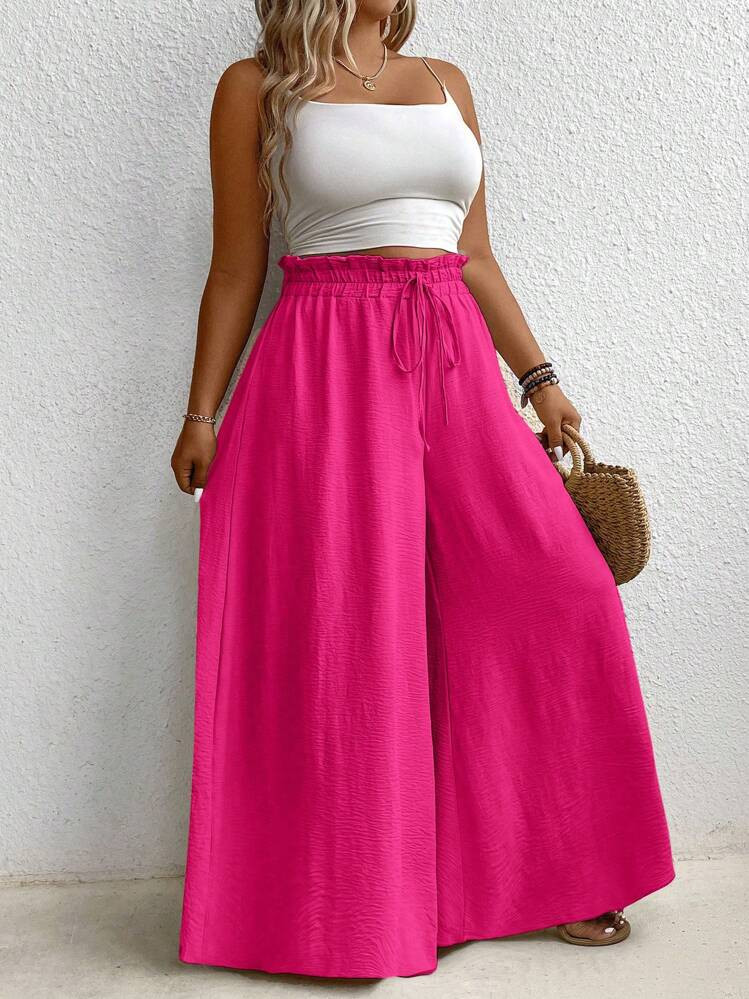 EMERY ROSE Plus Size Elastic Waist Belted Loose Textured Wide-Leg Pants Fall Cloth For Women | SHEIN