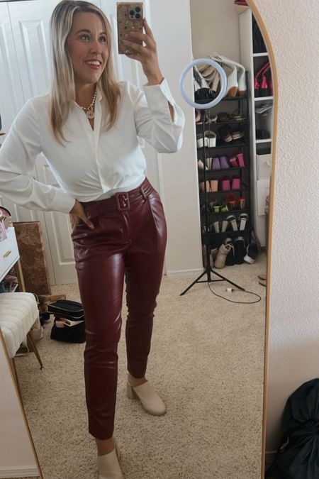 I can’t find the exact pants from Nordstrom rack BCBG brand, so i linked similar leather pants for fall!

Pleated crop blouse
Business casual outfit for larger chest
Red leather pants with belt
White blouse outfit for work
Fall work outfit 

#LTKSeasonal #LTKstyletip #LTKworkwear