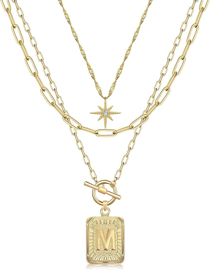Layered Initial Necklaces for Women Trendy, 14K Gold Plated Simple Star Choker Square Letter Pendant | Amazon (US)
