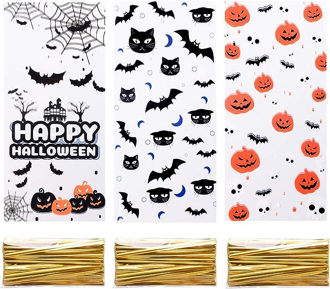 150 pcs Halloween Cellophane Cookie Bags Goodie Clear Candy Treat Bag with Twist Ties for Hallowe... | Amazon (US)