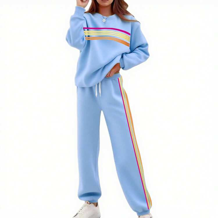 Women 2 Piece Lounge Set Rainbow Striped Sweatshirt High Waist Sweatpants Color Blocked Suit Matching Sweatsuit | SHEIN