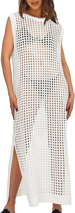 Saodimallsu Womens Crochet Swimsuit Coverup Summer Sleeveless Hollow Out Knit Crewneck Side Split... | Amazon (US)