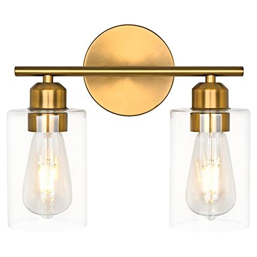 Pomitos 2-Light Gold Vanity Light Over Mirror, Glass Bathroom Light Fixture Brushed Brass Mid Centur | Amazon (US)