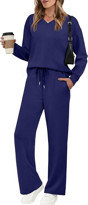 WIHOLL Lounge Sets for Women 2026 V Neck 2 Piece Outfits Airport Wide Leg Pants Matching Set Swea... | Amazon (US)