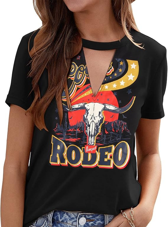 GLIGLITTR Women Rodeo V Neck T Shirt Country Boho Cow Skull Hollow Out Shirt Vintage Western Cowb... | Amazon (US)