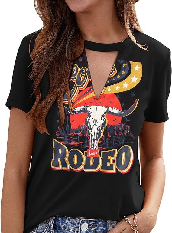 GLIGLITTR Women Rodeo V Neck T Shirt Country Boho Cow Skull Hollow Out Shirt Vintage Western Cowb... | Amazon (US)