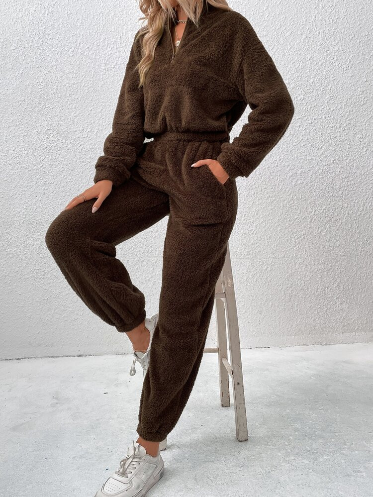 Drop Shoulder Teddy Pullover & Pants | SHEIN