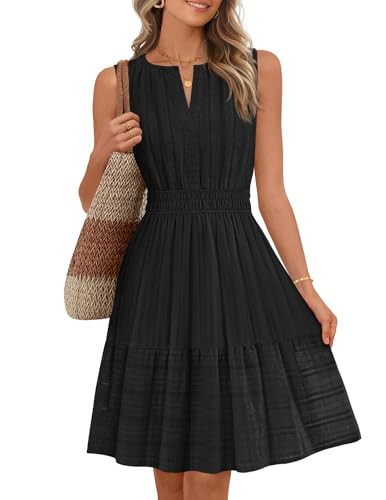 MEROKEETY Women's 2026 Summer Casual Mini Sundress Beach Vacation Sleeveless V Neck Flowy A Line Dress with Pockets, Black, Medium | Amazon (US)