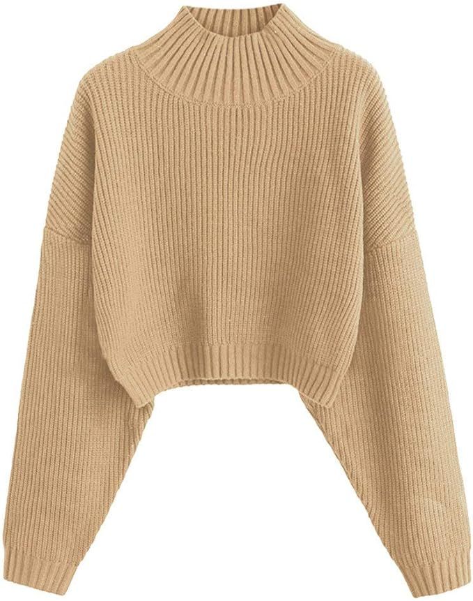 ZAFUL Women's Pullover Sweater Drop Shoulder Plain Knitted Cropped Sweater Pullover Mock Neck Sol... | Amazon (US)
