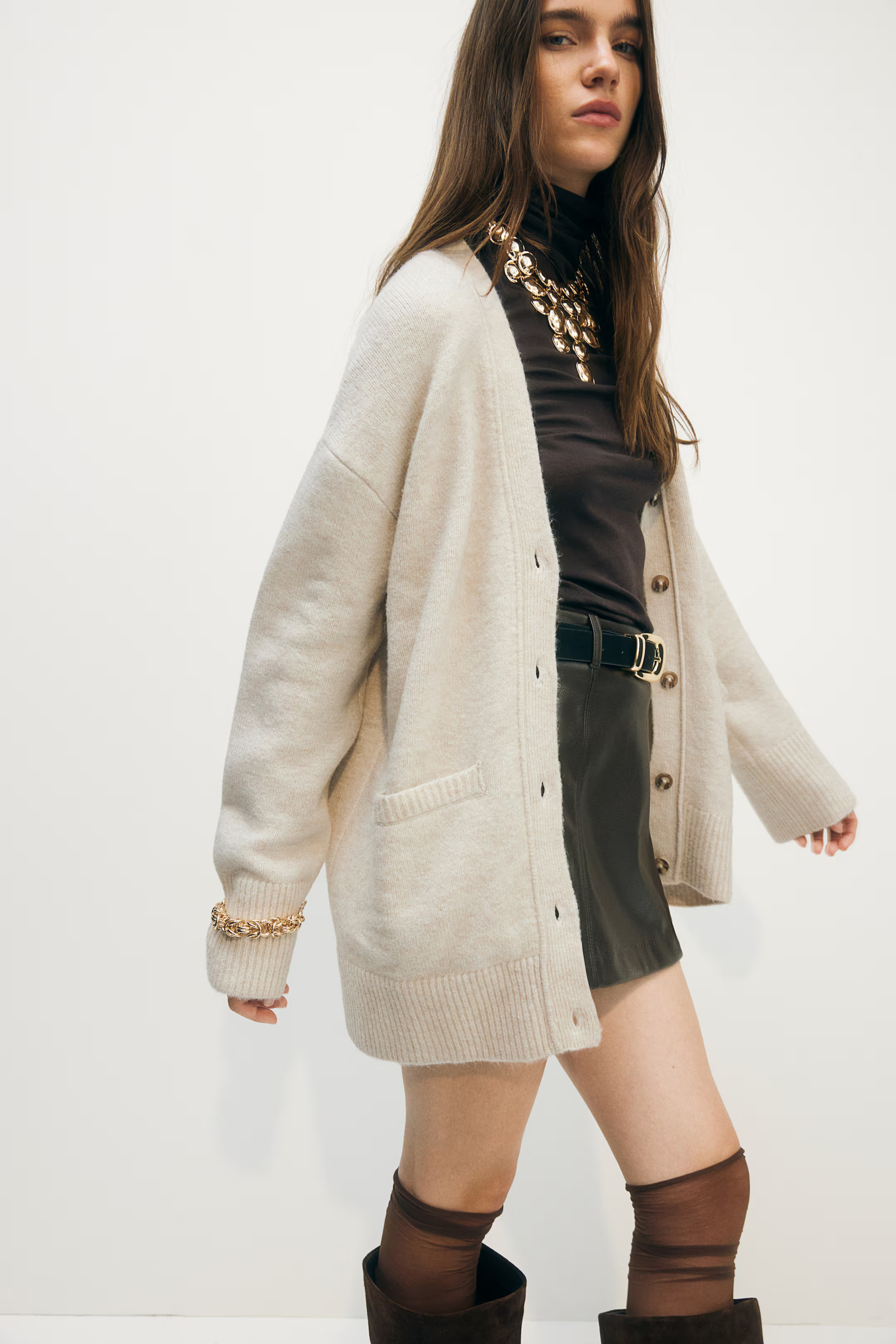 Oversized cardigan - V-neck - Long sleeve - Light beige marl - Ladies | H&M GB | H&M (UK, MY, IN, SG, PH, TW, HK)