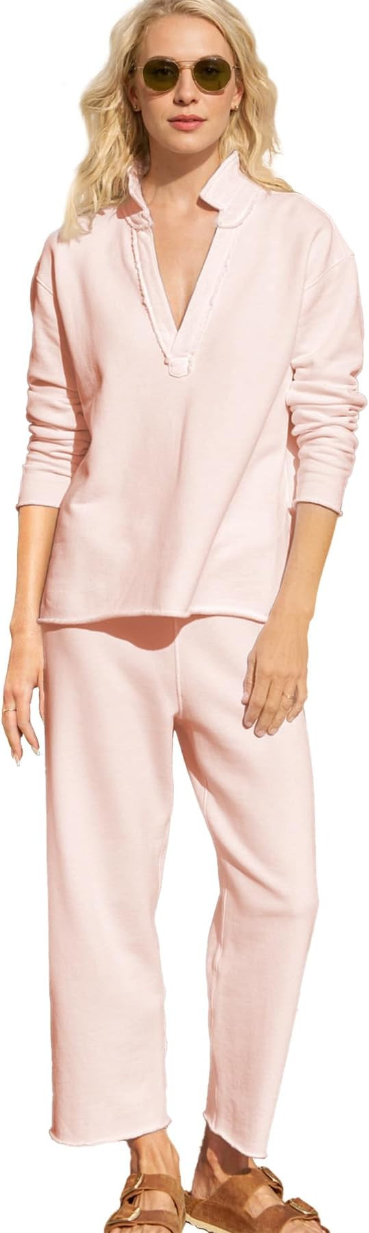 Ainangua Casual 2 Piece Sets for Women V Neck Long Sleeve Tops Wide Leg Pants Workout Outfits Fas... | Amazon (US)