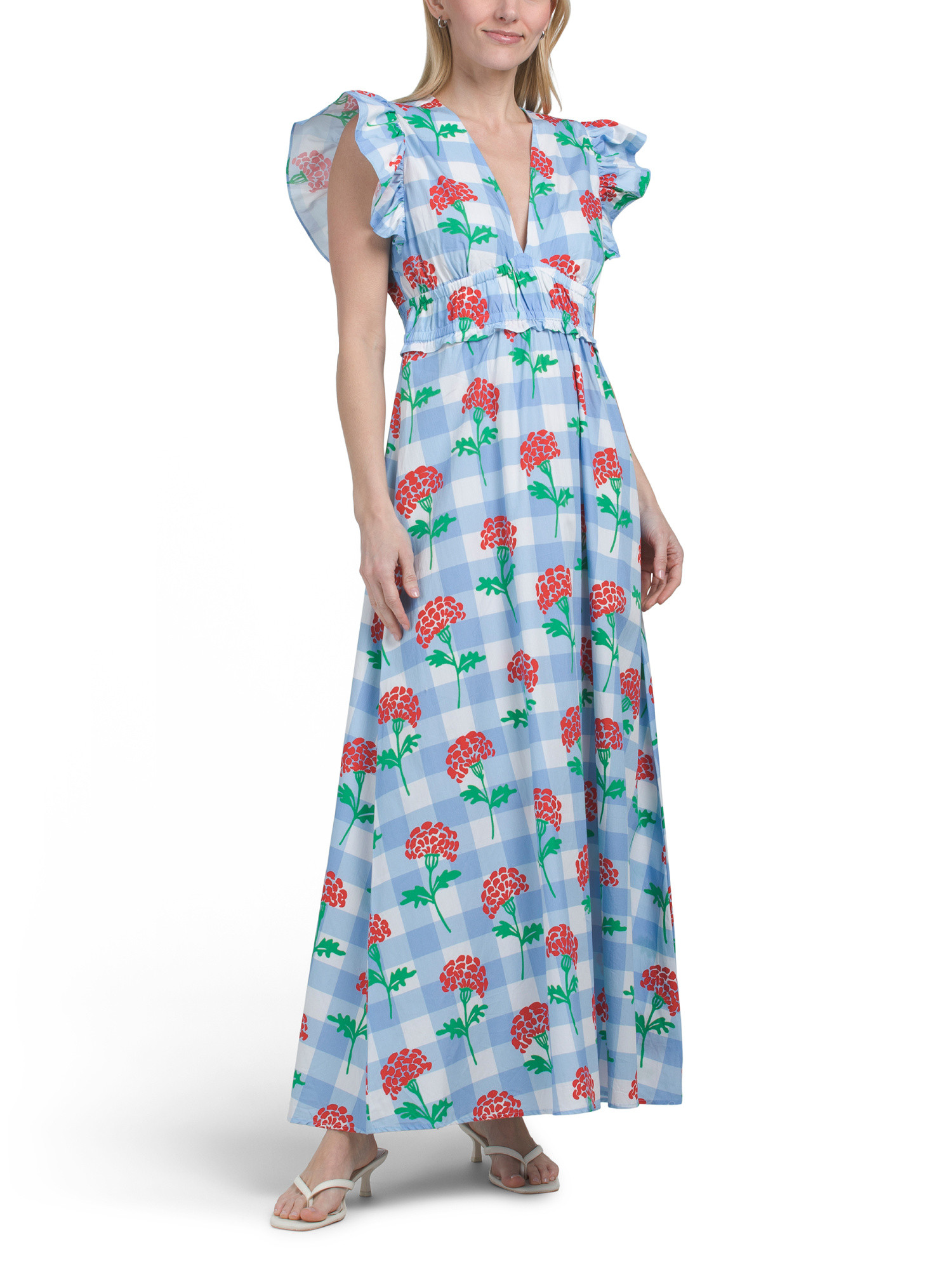 Flutter Sleeve V-neck Gingham Midi Dress With Flowers | TJ Maxx