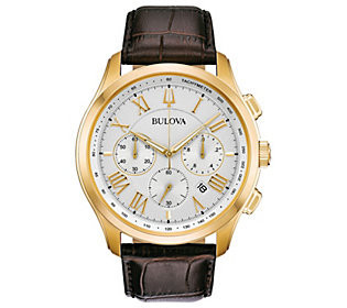 Bulova Men's Goldtone & Brown Leather Strap Chr onograph Watch | QVC