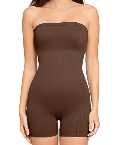 Popilush Athletic Shapewear Rompers for Womens Tummy Control Brown Strapless Bodysuit Built in Bra Body Shaper Jumpsuits Summer | Amazon (US)