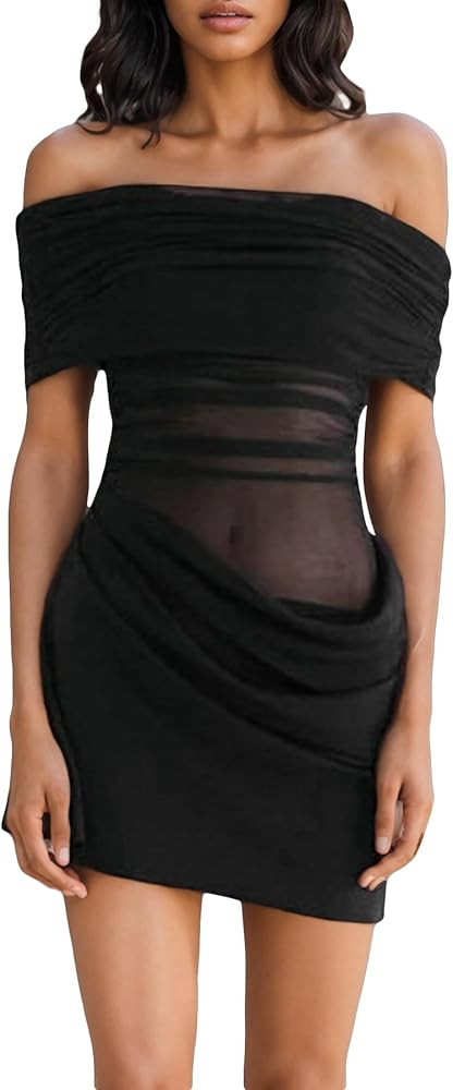 Women's Off The Shoulder Sheer Mesh Mini Dress Ruched Dresses Sexy See Through Y2k Party Club Bea... | Amazon (US)