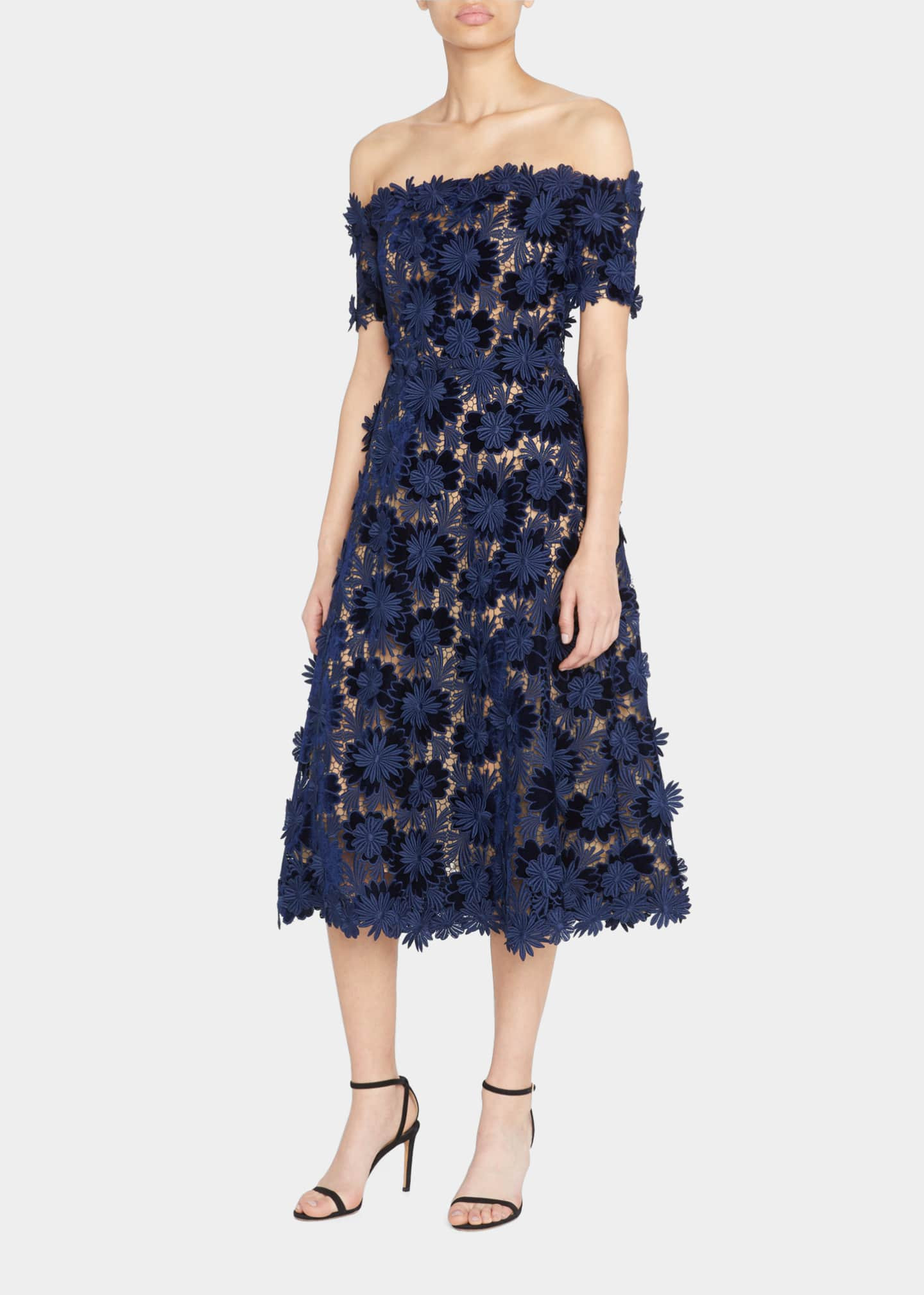 Oscar de la Renta Off-The-Shoulder Floral Velvet Lace Midi Dress | Bergdorf Goodman