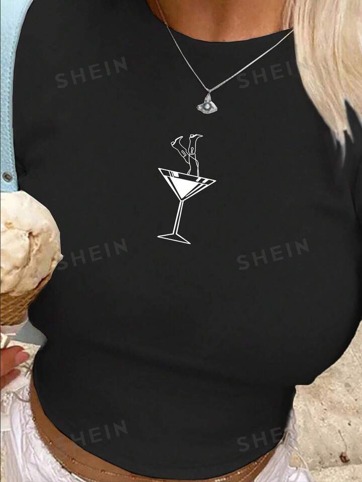 SHEIN EZwear Women's Printed Pattern Round Neck Short Sleeve T-Shirt For Spring And Summer | SHEIN