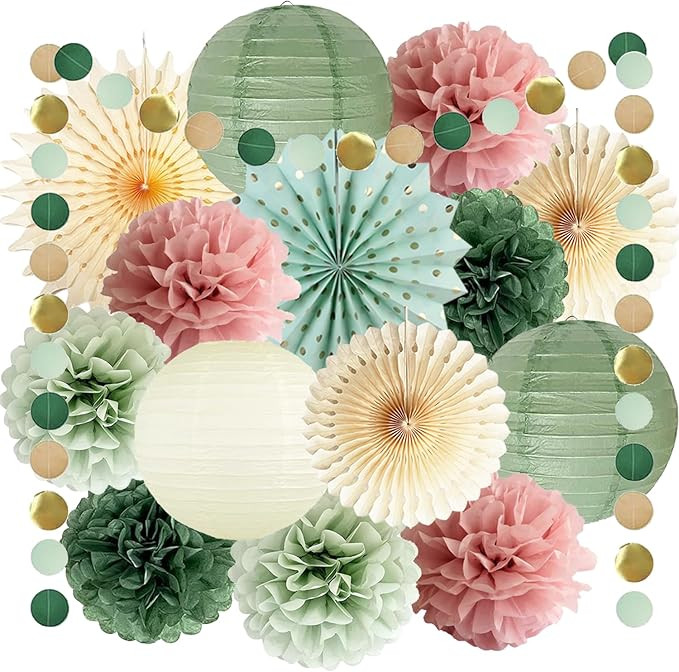 Sage Green and Dusty Pink Party Decorations Green & Pink Party Decor Sage Tissue Pom Poms Paper L... | Amazon (US)