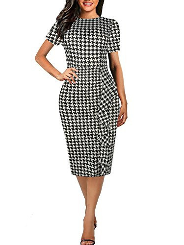 Women's Retro Vintage Contrast Slim Bodycon Midi Dress Black Houndstooth XL | Amazon (US)