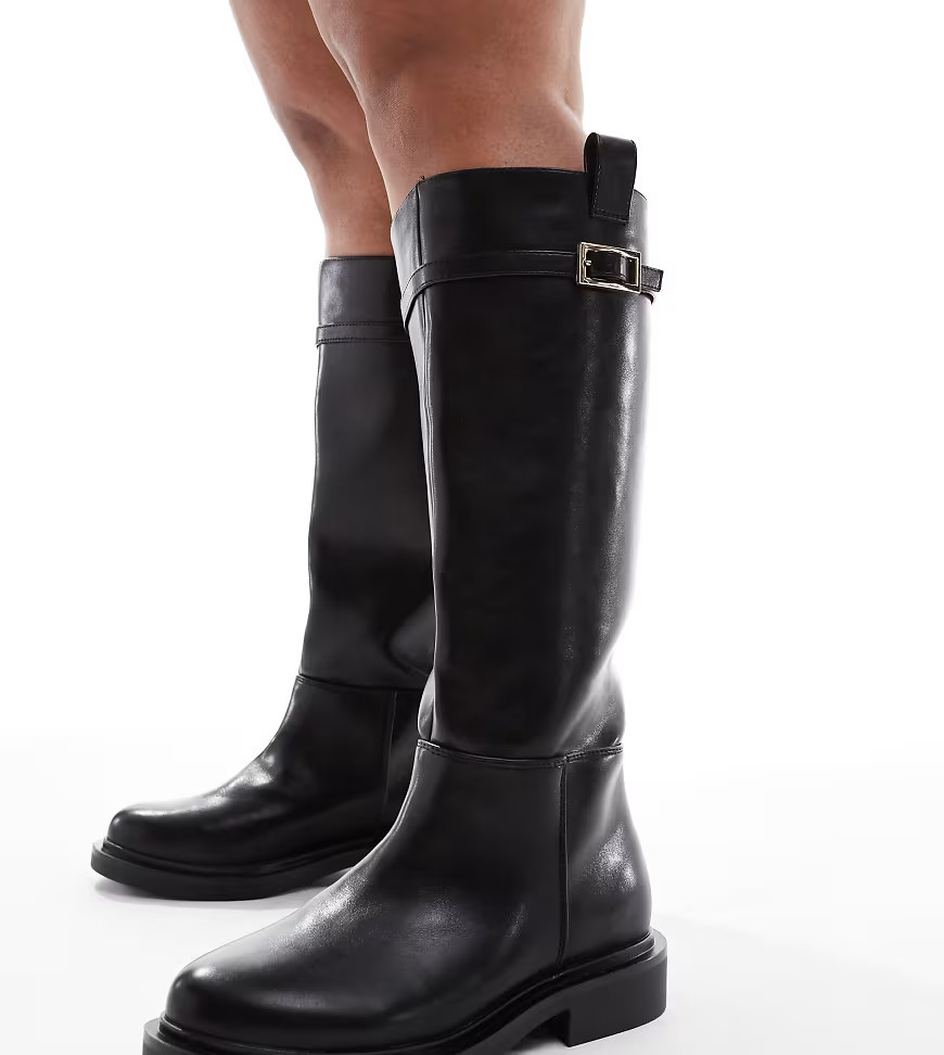 ASOS DESIGN Curve Callie smart flat riding knee boots in black | ASOS (Global)